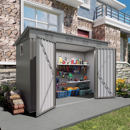 Storage shed with tools and supplies outside a stone building
