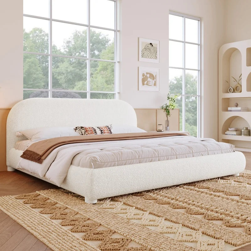 Cream Bouclé Upholstered Platform Bed with Curved Headboard