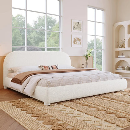 Cream Bouclé Upholstered Platform Bed with Curved Headboard