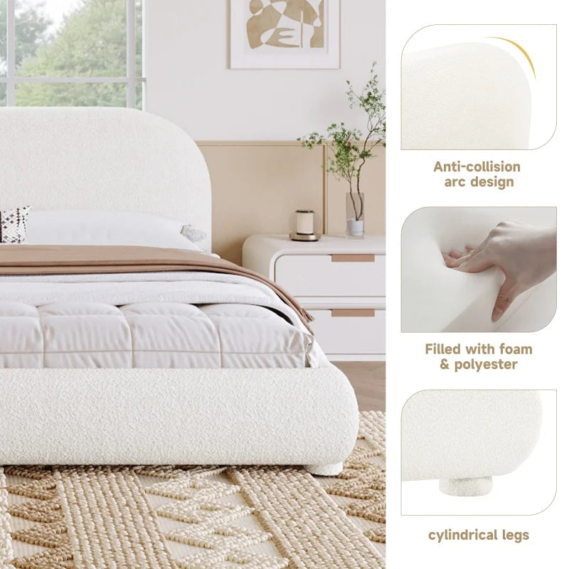 Cream Bouclé Upholstered Platform Bed with Curved Headboard
