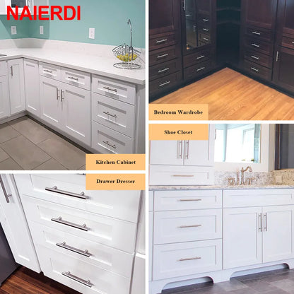 Collage of NAIERDI kitchen, bedroom, and bathroom cabinets with drawers.