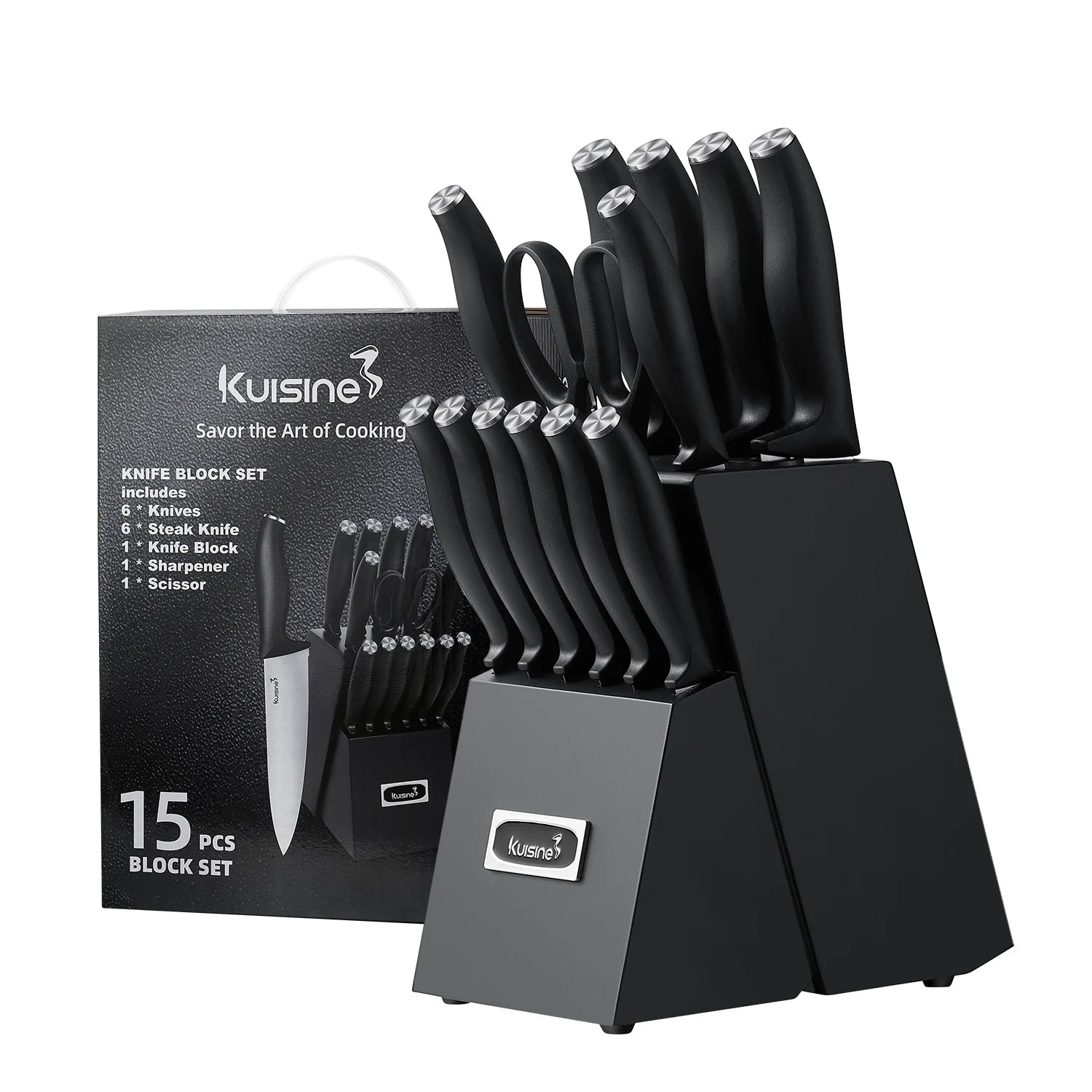 Kuisine 15-piece kitchen knife block set with black handles and a matching black block set, shown with its retail packaging box on a white background.