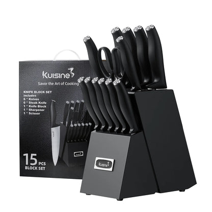 Kuisine 15-piece kitchen knife block set with black handles and a matching black block set, shown with its retail packaging box on a white background.