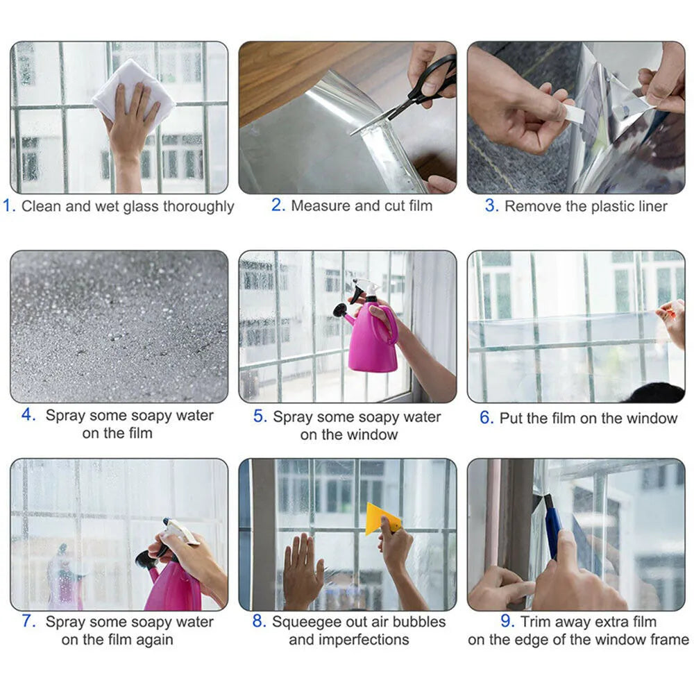 Step-by-step guide on applying a window film with images of hands performing each step.