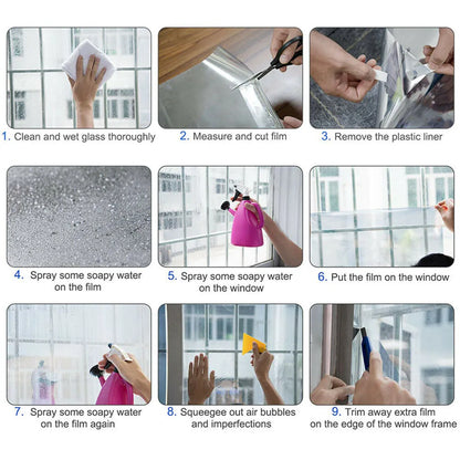 Step-by-step guide on applying a window film with images of hands performing each step.