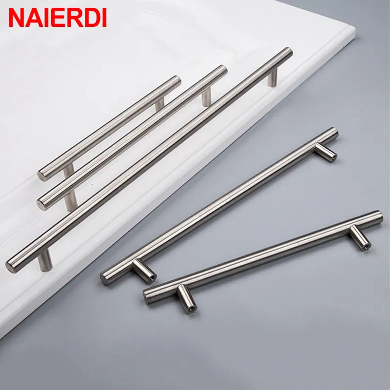 Four stainless steel cabinet handles with a T-bar design, shown on a white board and against a gray background. The brand name 'NAIERDI' is printed in red in the top-left corner.
