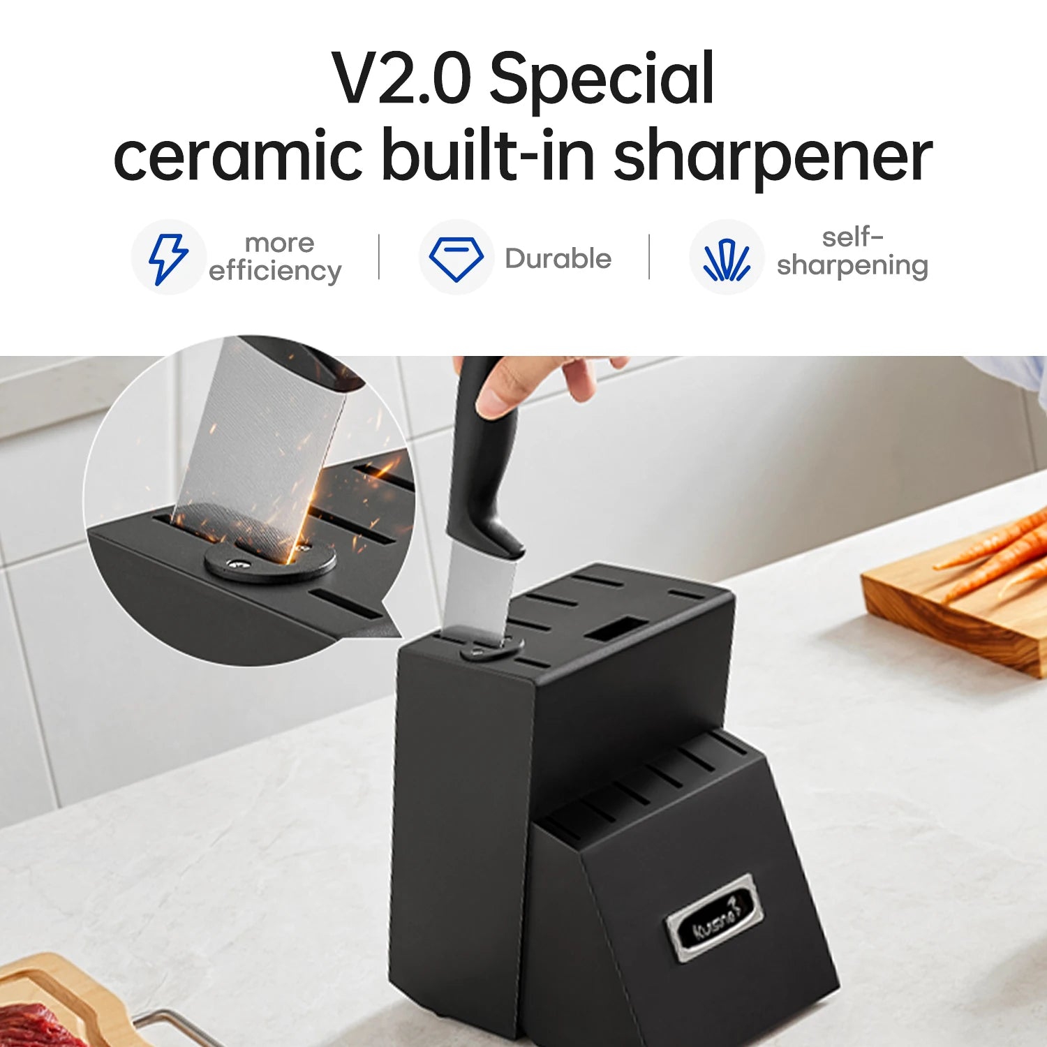 Black ceramic built-in knife sharpener block shown on a kitchen countertop with a hand inserting a knife handle into the sharpening slot. The image includes marketing text at the top and a circular inset showing sparks from the sharpening process.