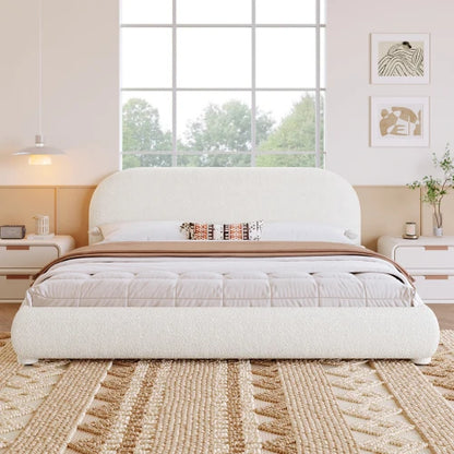 Cream Bouclé Upholstered Platform Bed with Curved Headboard
