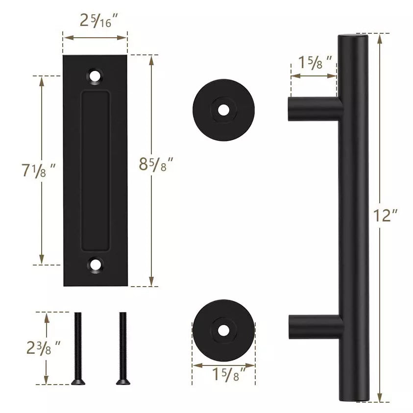 KAK 12" Matte Black Barn Door Handle & Flush Pull Set