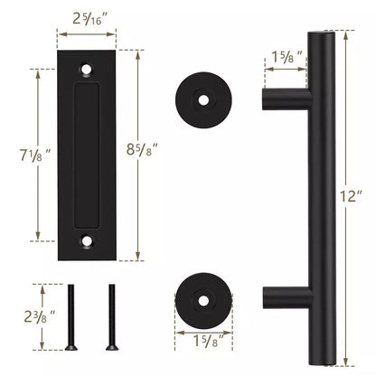 KAK 12" Matte Black Barn Door Handle & Flush Pull Set
