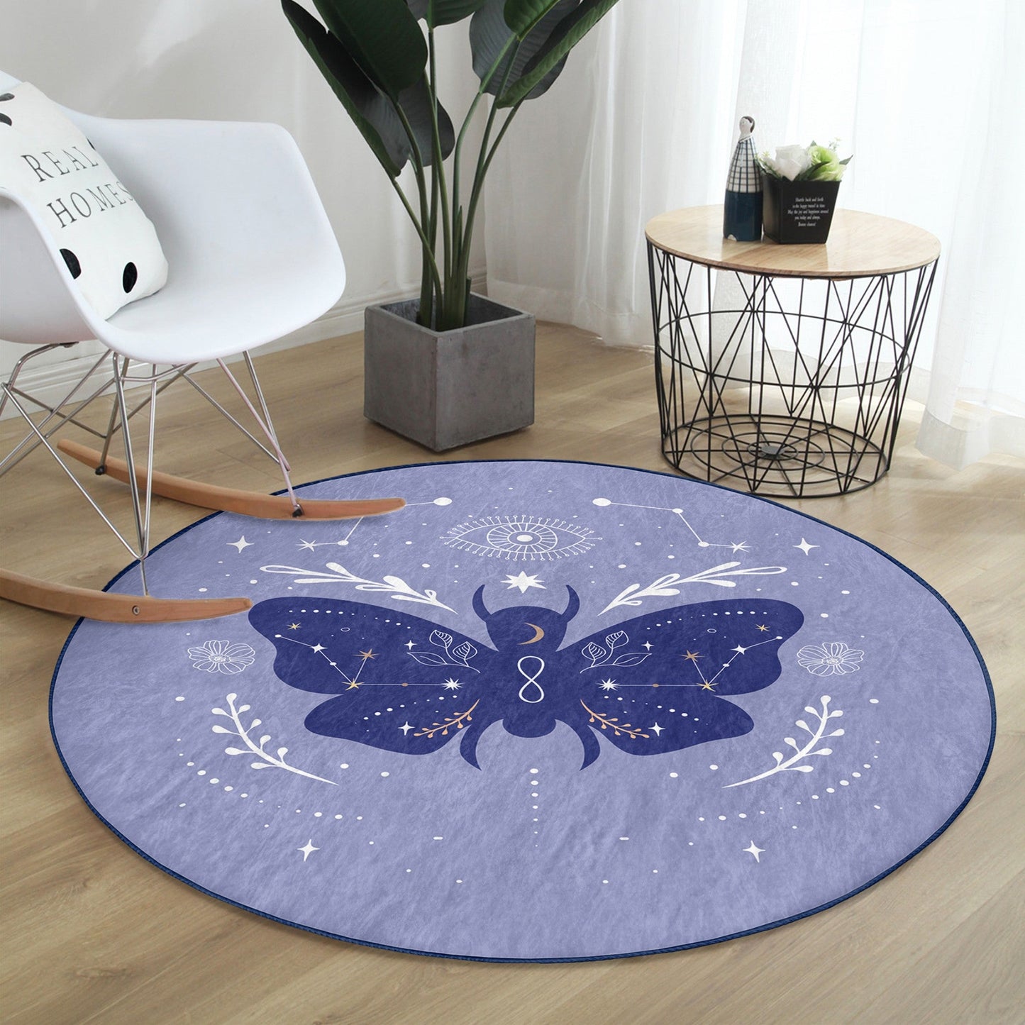 Modern Boho Rug with Purple Butterfly Pattern