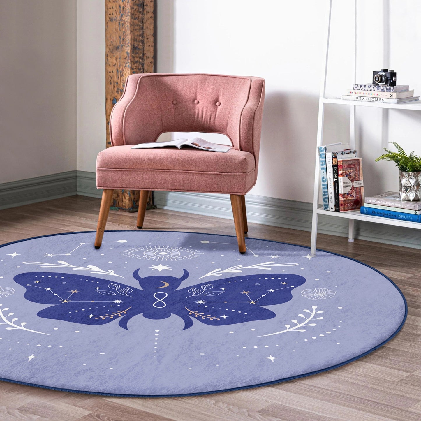 Modern Boho Rug with Purple Butterfly Pattern
