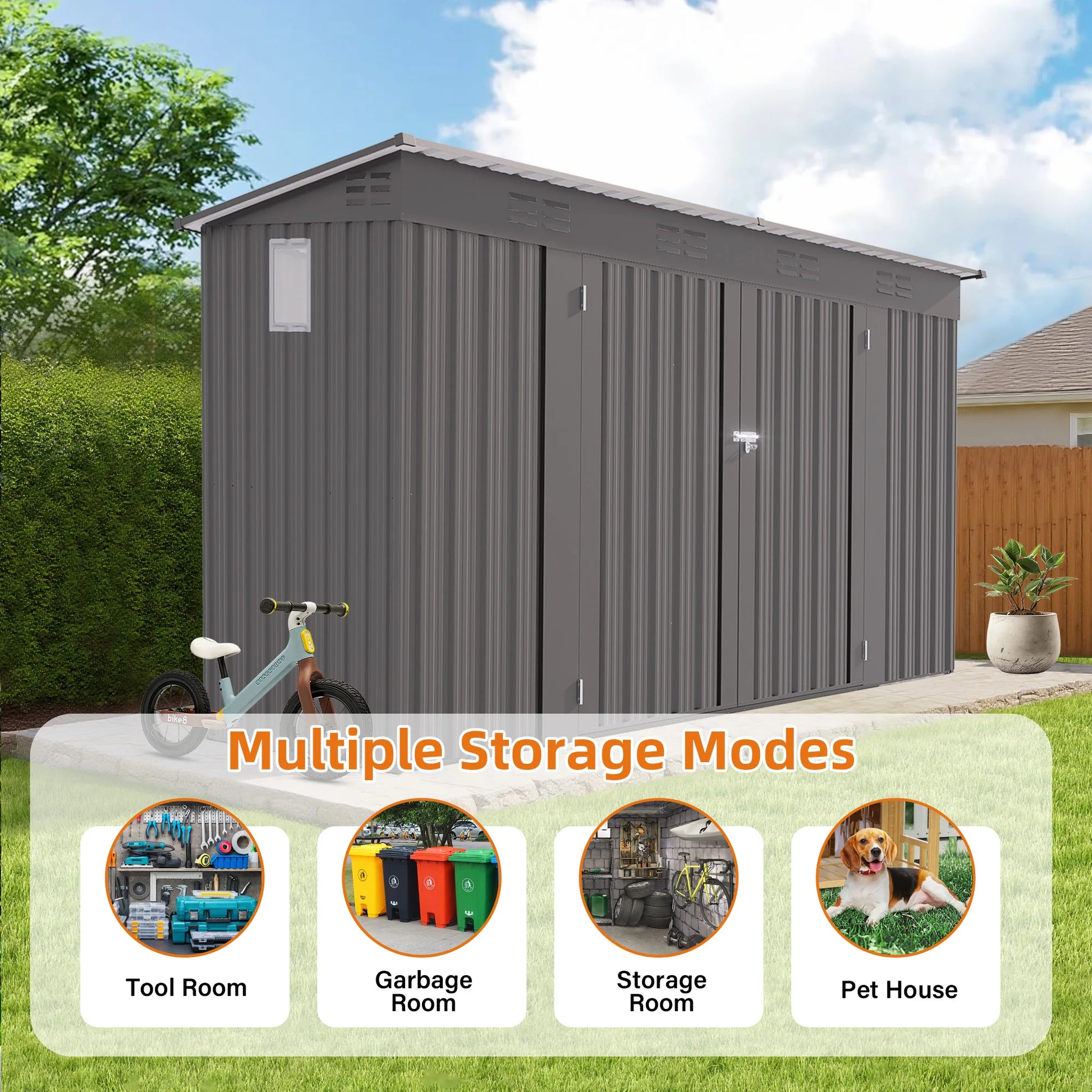 Gray storage shed with a bicycle and plant in front, labeled 'Multiple Storage Modes'.