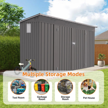 Gray storage shed with a bicycle and plant in front, labeled 'Multiple Storage Modes'.