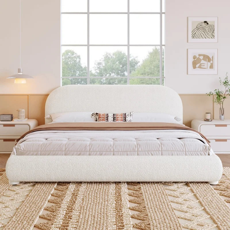 Cream Bouclé Upholstered Platform Bed with Curved Headboard