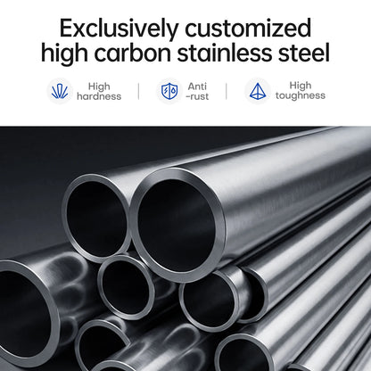Customized high carbon stainless steel tubes shown in a close-up stack on a dark background, with text at the top reading 'Exclusively customized high carbon stainless steel' and feature icons for hardness, anti-rust, and toughness.