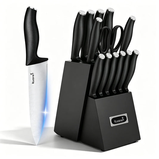 Kusane 16-piece kitchen knife set with black handles and a matching black block stand, shown on a clean white background with one knife standing upright beside the stand.