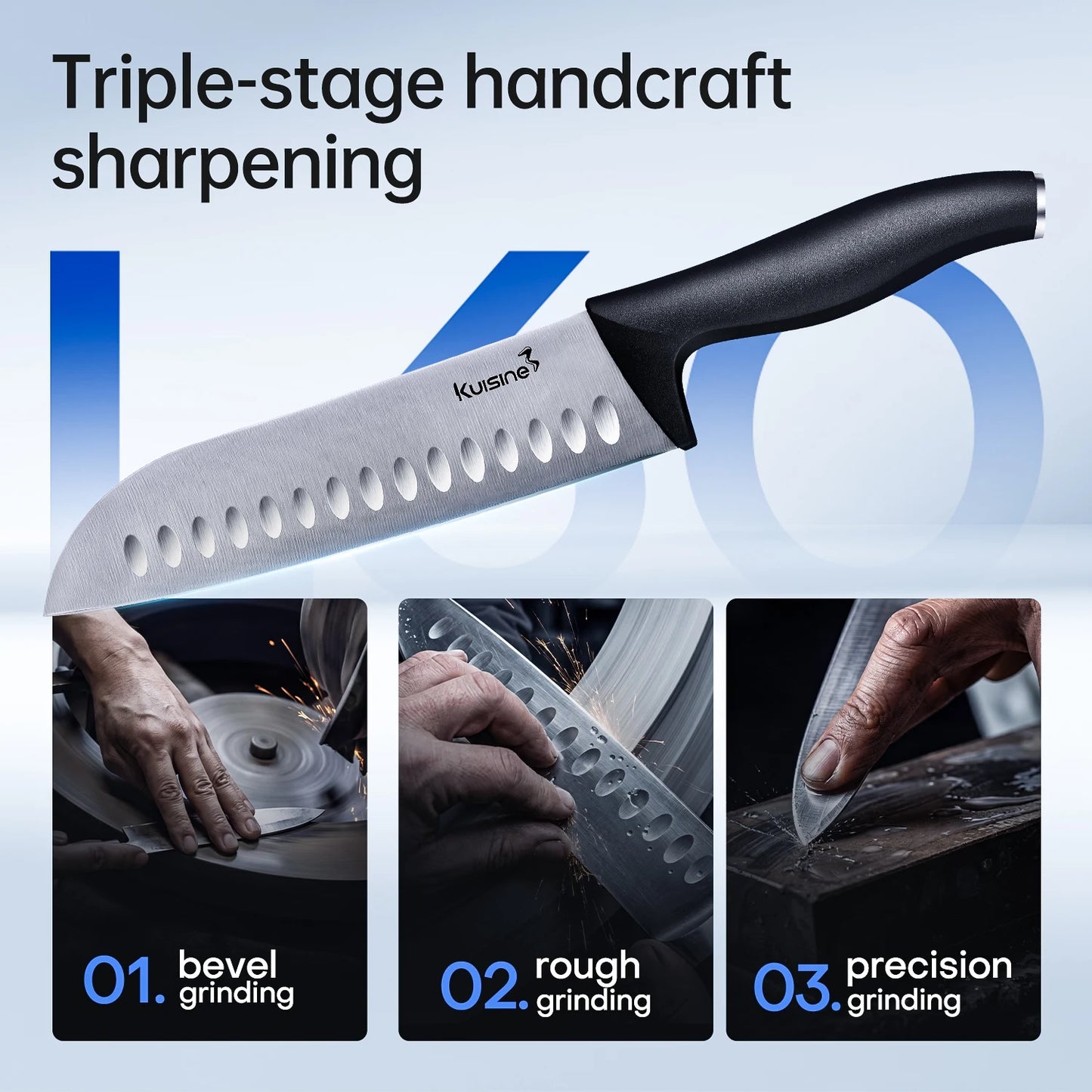 A kitchen knife with a black handle and silver blade featuring oval cutouts, shown over a light blue gradient background with the text 'Triple-stage handcraft sharpening' and three inset photos of sharpening steps. The brand name 'Kusano' is visible on the blade.