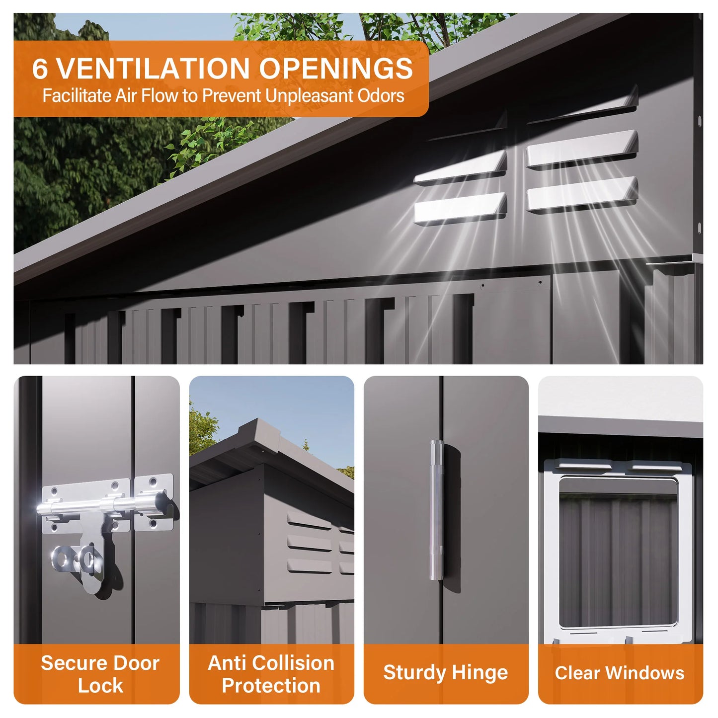 Outdoor storage shed with ventilation openings, lock, anti-collision protection, hinge, and clear windows.
