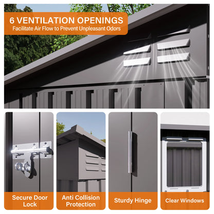Outdoor storage shed with ventilation openings, lock, anti-collision protection, hinge, and clear windows.
