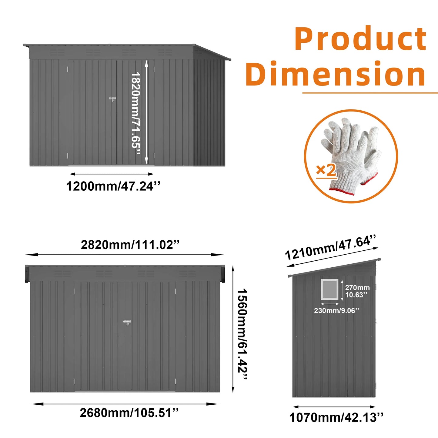 Dimensions of a storage shed with gloves shown for scale on a white background