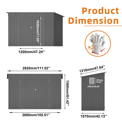 Dimensions of a storage shed with gloves shown for scale on a white background