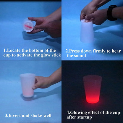 Step-by-step guide on how to activate a glow stick in a cup with text instructions.