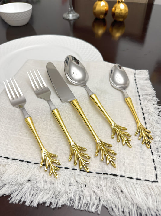 Leaf Motif Gold Flatware Set – 20-Piece Stainless Steel Dining Set