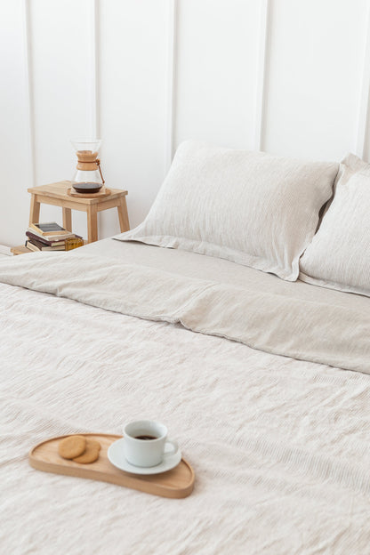 Reversible Linen Bedding Set – Natural Light & Striped Beige, Coconut Button Closure