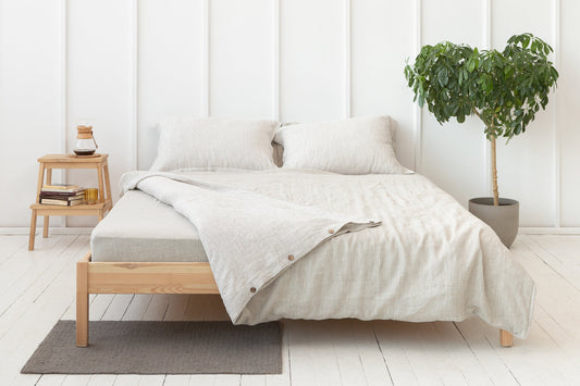 Reversible Linen Bedding Set – Natural Light & Striped Beige, Coconut Button Closure