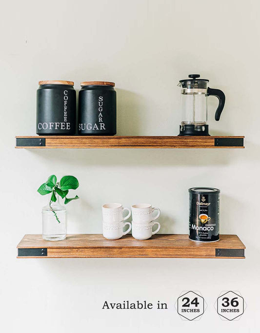 Modern Farmhouse Floating Shelves with Industrial Iron Accents - Set of Two