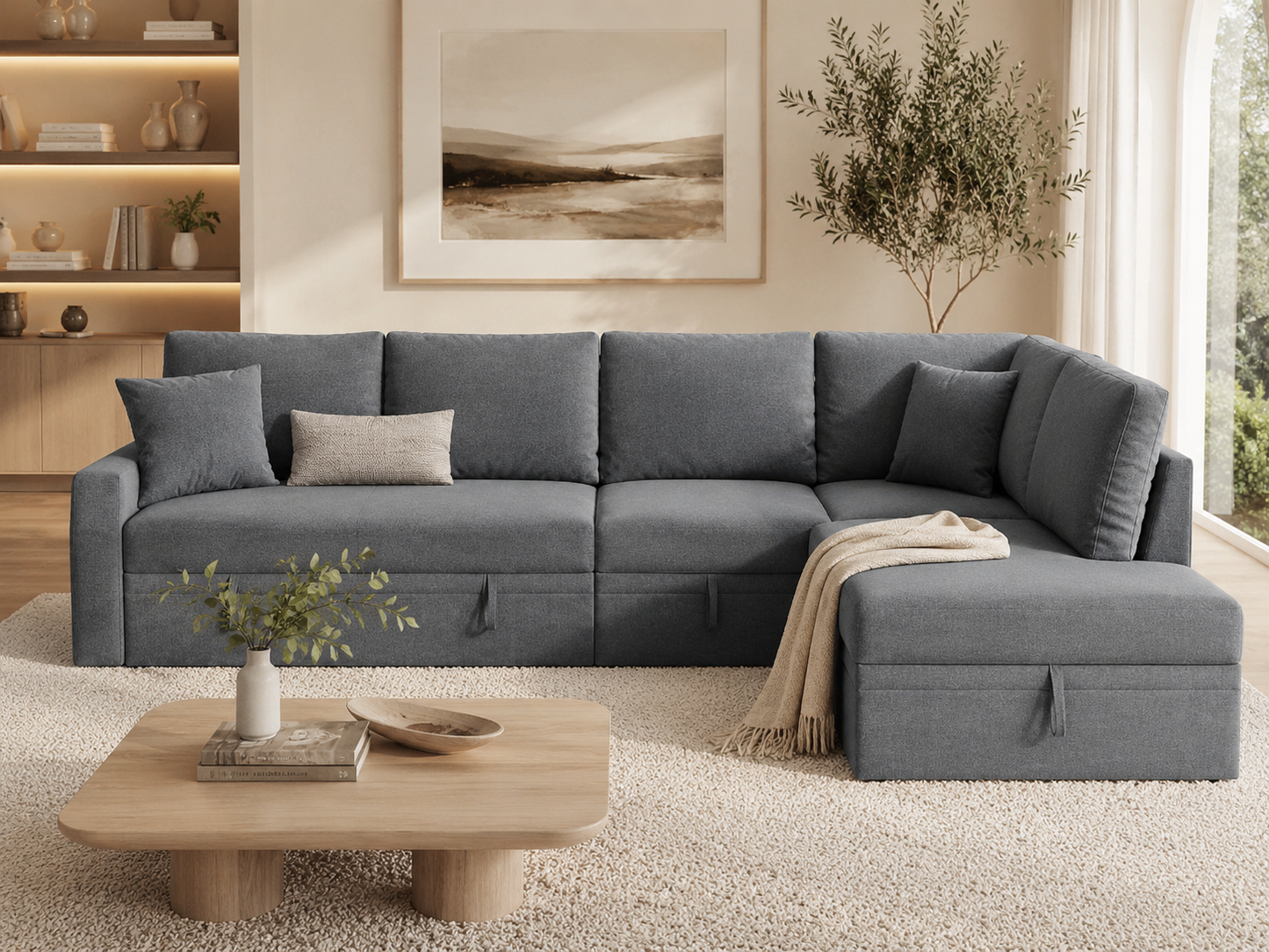 Grey L-Shaped Sleeper Sectional Sofa with Pull-Out Bed & Storage