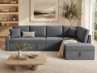 Grey L-Shaped Sleeper Sectional Sofa with Pull-Out Bed & Storage