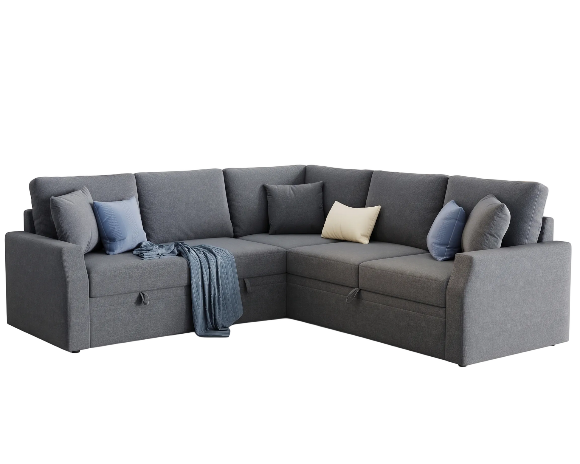 Gray sectional sofa in a living room setting with decor elements.