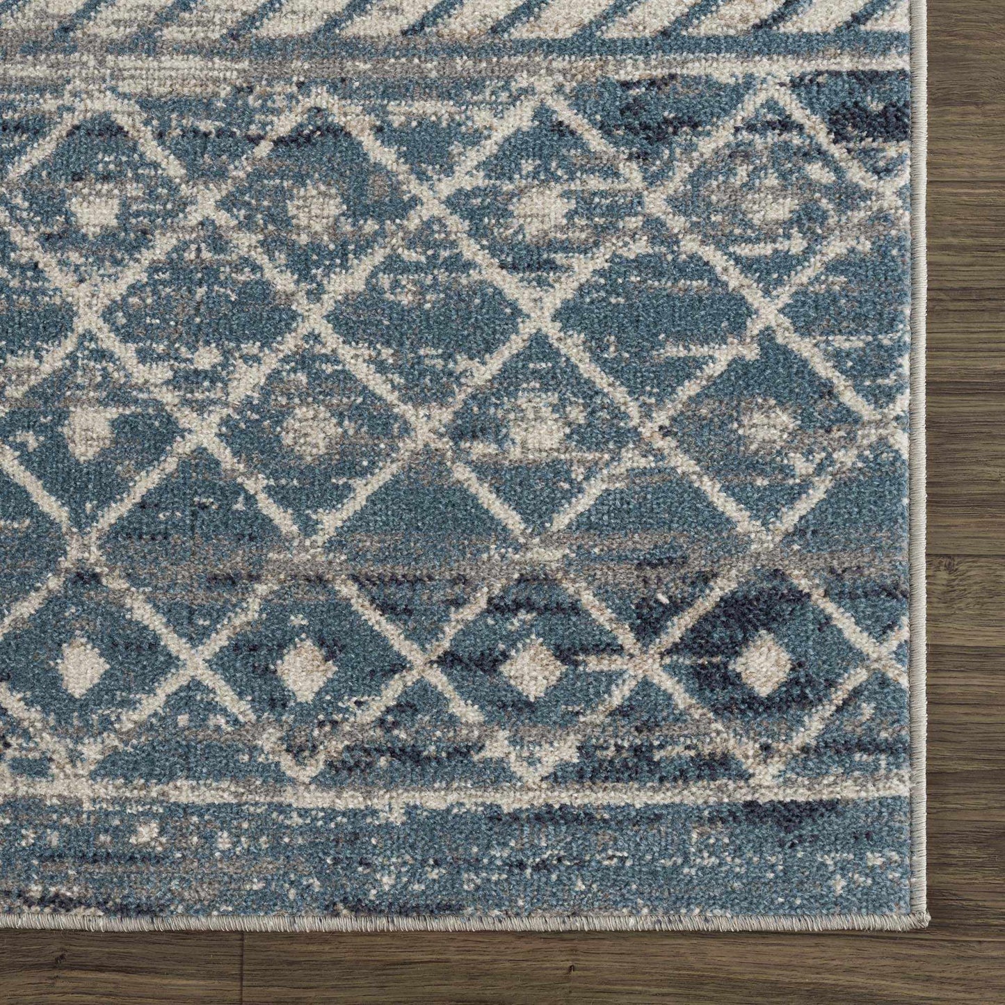 South Glenn Blue Washable Area Rug – Easy Care Geometric Design