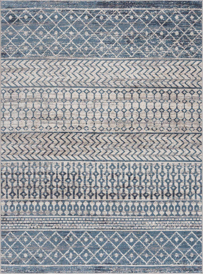 South Glenn Blue Washable Area Rug – Easy Care Geometric Design