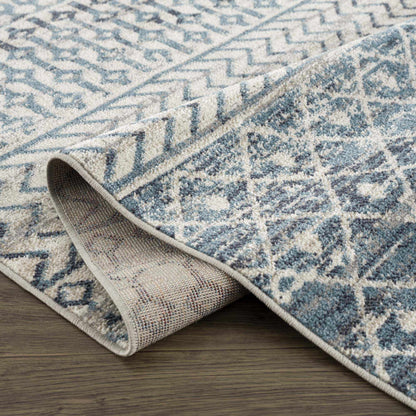 South Glenn Blue Washable Area Rug – Easy Care Geometric Design