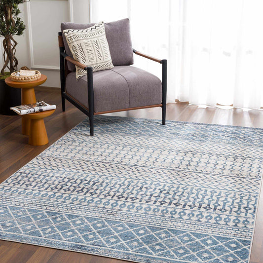 South Glenn Blue Washable Area Rug – Easy Care Geometric Design