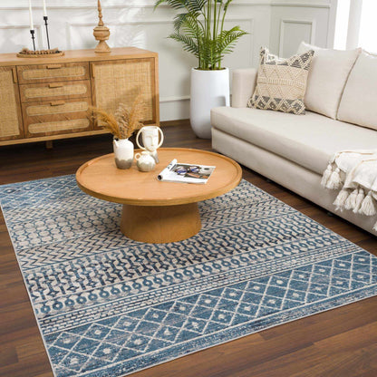 South Glenn Blue Washable Area Rug – Easy Care Geometric Design