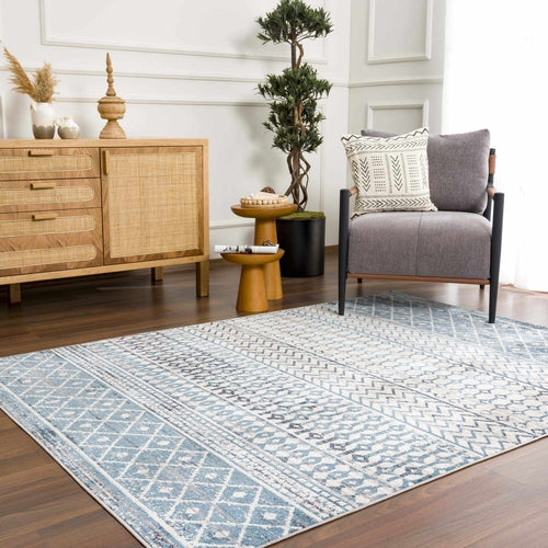 South Glenn Blue Washable Area Rug – Easy Care Geometric Design