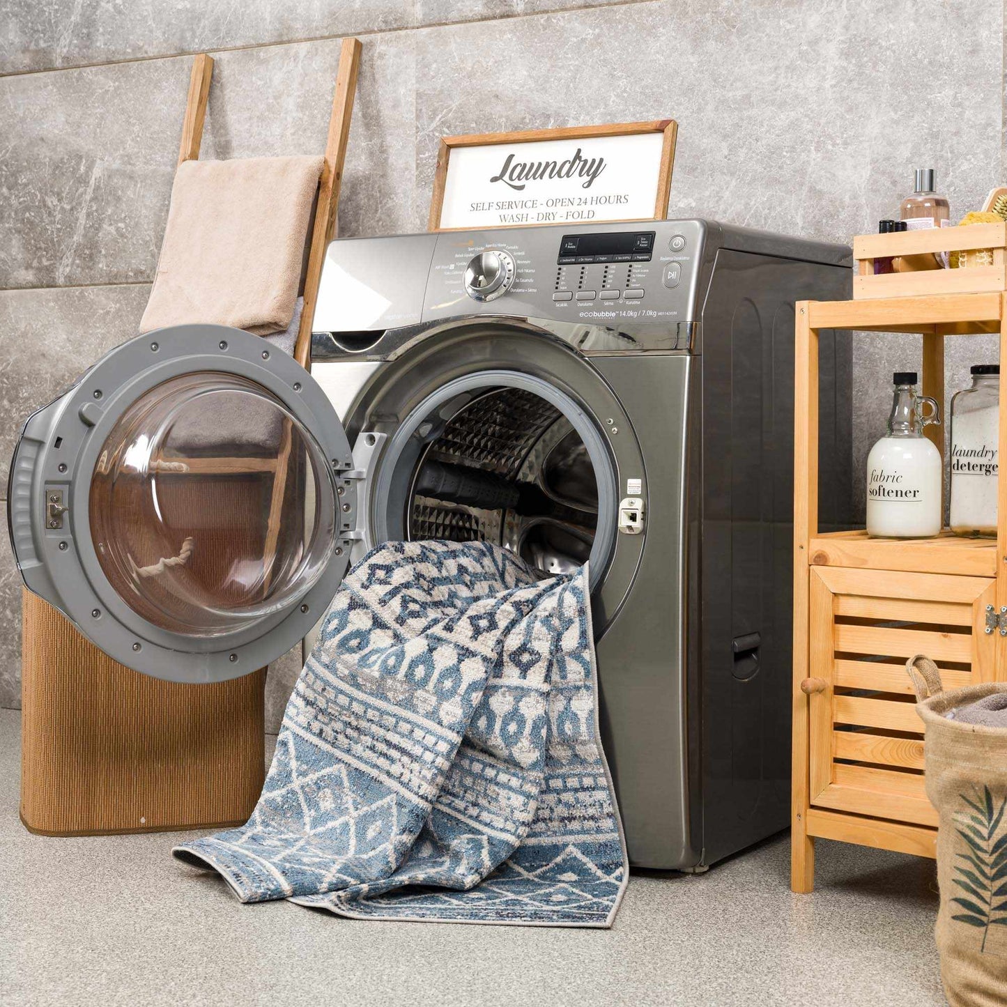 South Glenn Blue Washable Area Rug – Easy Care Geometric Design