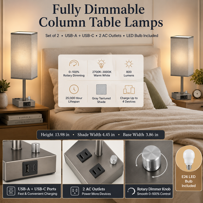 Sleek Charging Nightstand Lamps Set – Textured Fabric Shade with Built-In AC Outlets