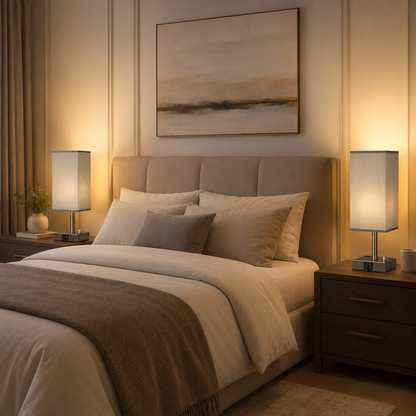 Sleek Charging Nightstand Lamps Set – Textured Fabric Shade with Built-In AC Outlets