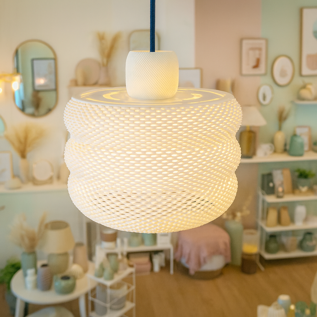 Woven pendant light in a room with decor elements