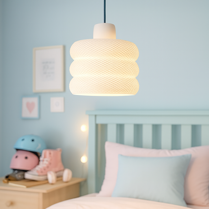 Children's room with a hanging lamp, bed, and toys against a light blue wall.