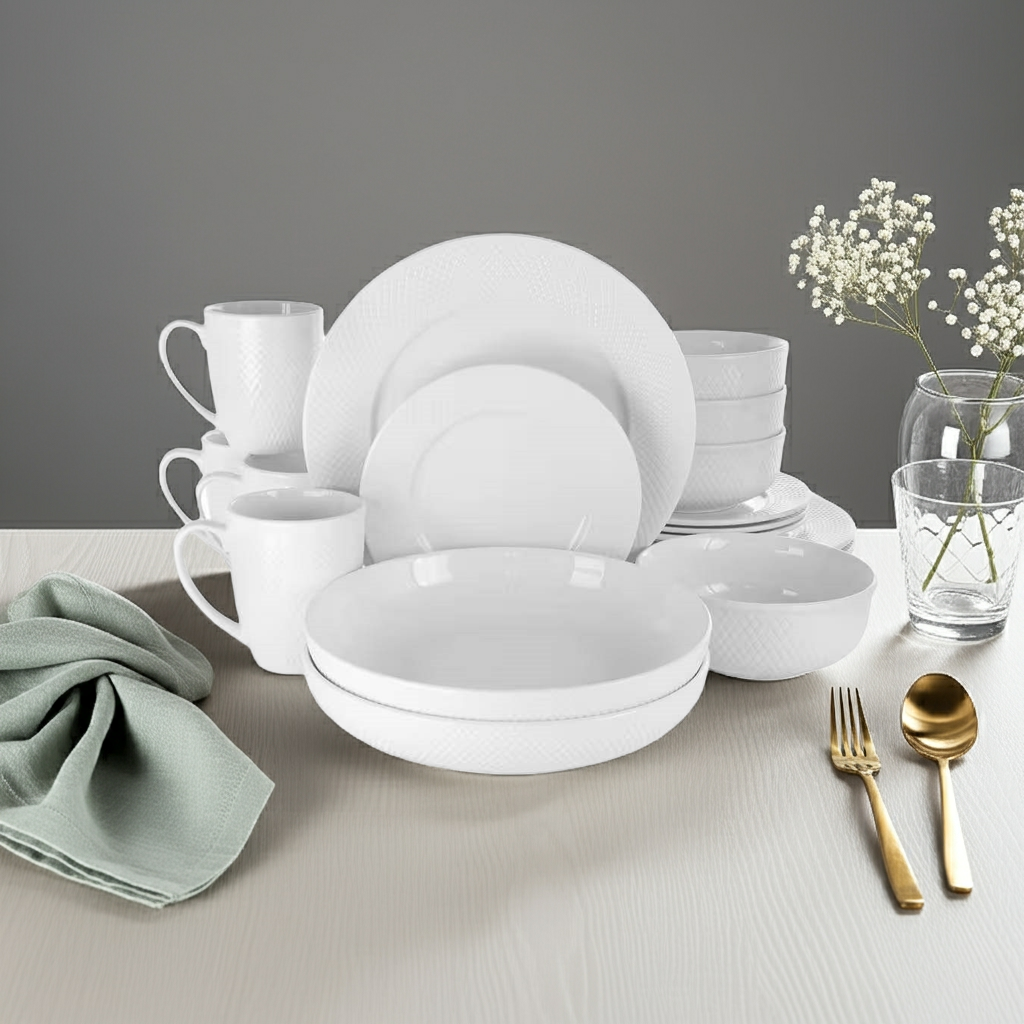 Maisy White Porcelain Dinnerware with Embossed Texture – 18-Piece Set