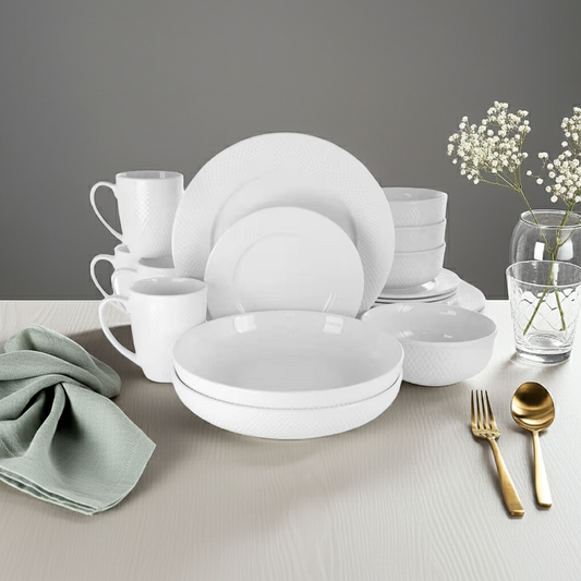Maisy White Porcelain Dinnerware with Embossed Texture – 18-Piece Set
