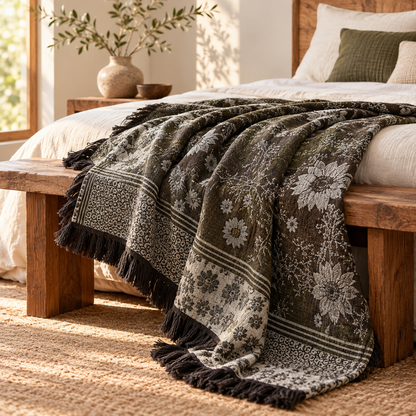 Vintage Jacquard Cotton Throw Blanket with Tassel Fringe