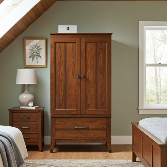 65.9" Tall Cherry Storage Wardrobe Cabinet with Easy-Glide Drawer