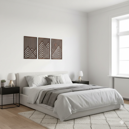 Modern Wooden Wall Art Set of 3 – Walnut Mountain & Sun Sculptures for Living Room